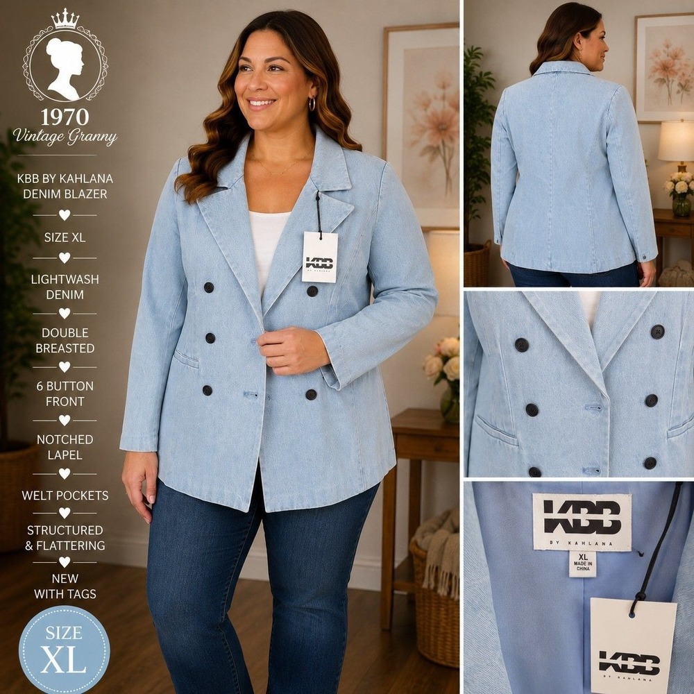 KBB by Kahlana Double Breasted Denim Blazer Jacket Light Wash XL NWT